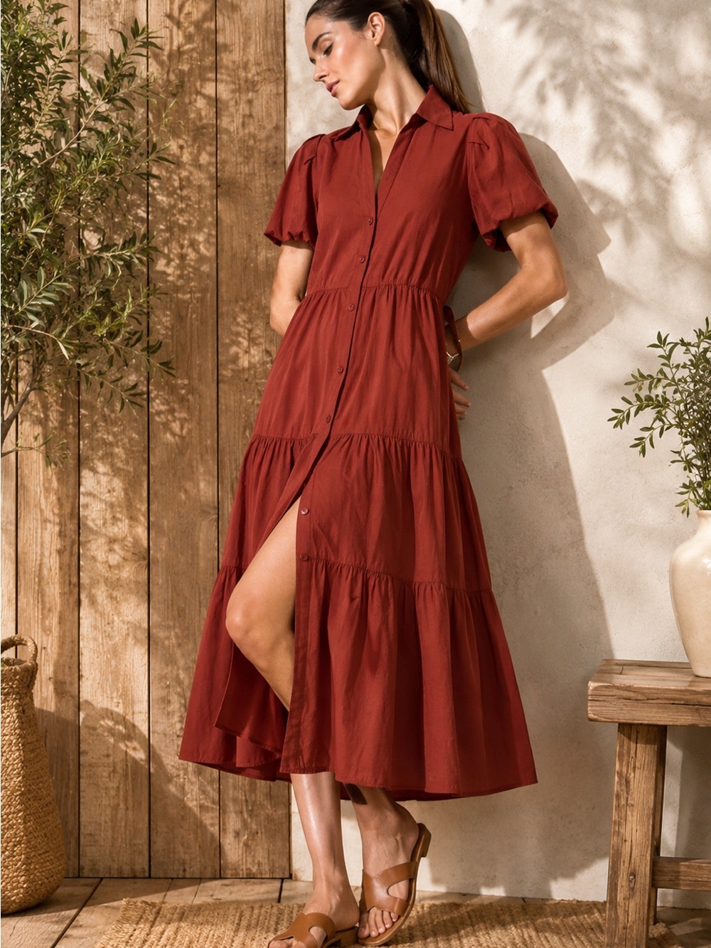 Brochu Walker Havana Tiered Midi Shirt Dress – Brick Red | Size XS